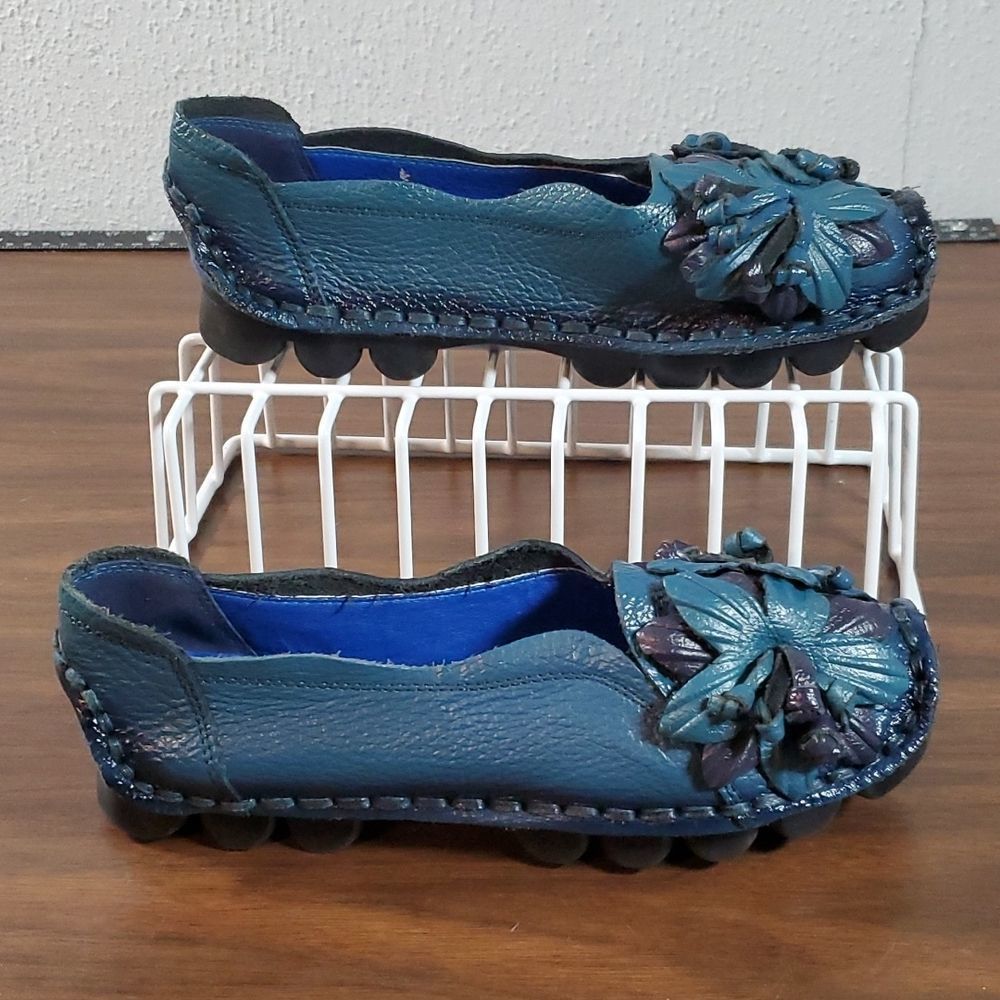 Socofy Blue Floral Leather Slip-On Loafers Size 250 or 7½